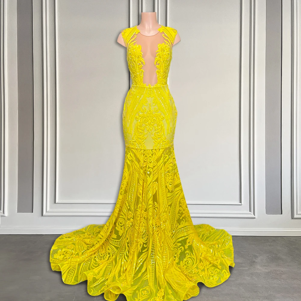 

Long Glamorous Lace Yellow Prom Dresses for Black Girl Sheer O Neck Mermaid Style Elegant Graduation Formal Prom Gown