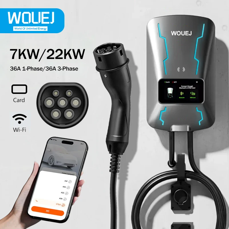 Wouej Wallbox 7Kw 16A 32A Monofase Type2 Cavo Caricabatteria Per Auto Elettrica 22Kw Trifase Wi-Fi App Controllo Evse Scatola Di Ricarica