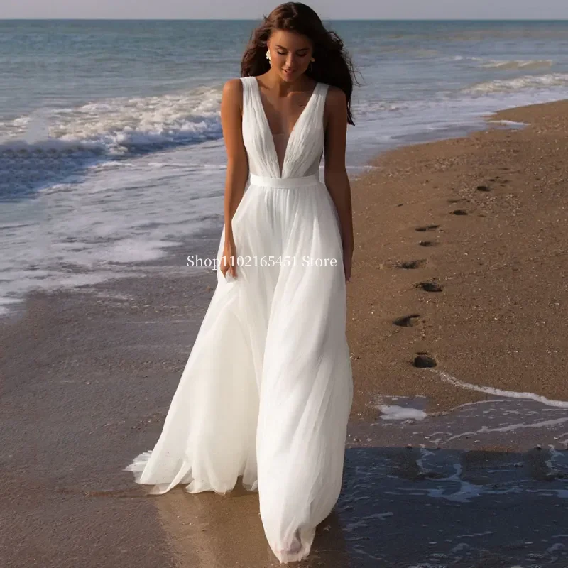 

New Summer Beach Wedding Dresses Sleeveless A-Line V neck Big Size White Boho Bridal Gowns Sweep Train Open Back