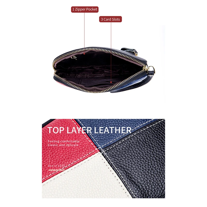 Womens Leather Clutch Collar Bag Zipper Contrast Color Cowhide Phone Clutch Wallet Women's Soft Personalized Handbag