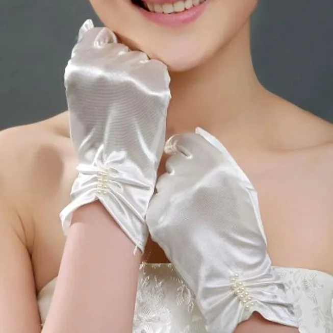 Women Pink Blue Wedding Bridal Gloves Full Finger Pearls Wrist Length