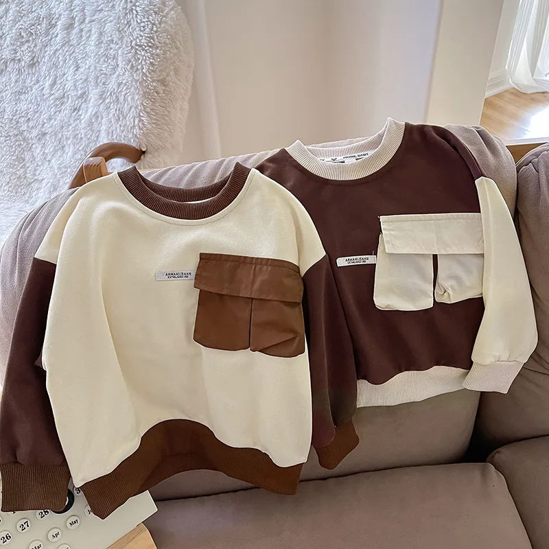 

Korean Round Neck Undershirt Children Clothing Autumn Collet Tide New Long Sleeved Hoodies Boys Contrasting Colors Splicing