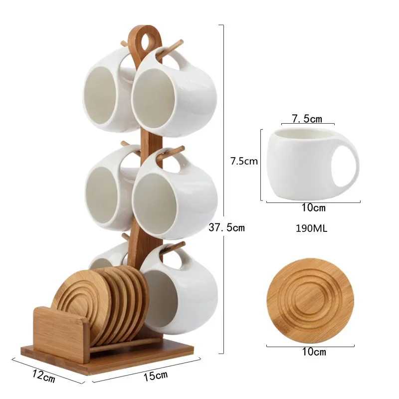 Simple Ceramic Tea Pot Set 190ml Tea Cup, Coffee Cup, Three-dimensional Bamboo and Wood Support, Striped Anti-skid Coaster