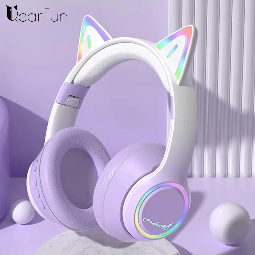 RGB القط الأذن سماعات بلوتوث للفتيات التدرج سماعات لاسلكية مع ميكروفون ستيريو الموسيقى لعبة سماعات الاطفال الهدايا