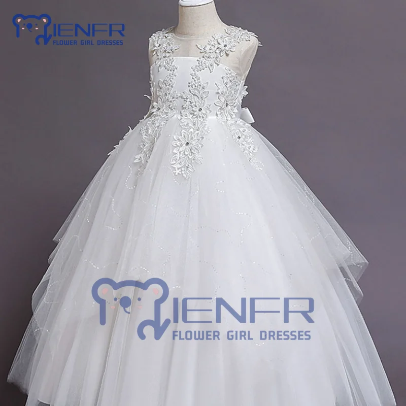 

White & Blue & Pink Lace Flower Girl Dresses for Weddings Ball Gown O-Neck Sleeveless Princess Pageant Dress for Girls Aged 2-14