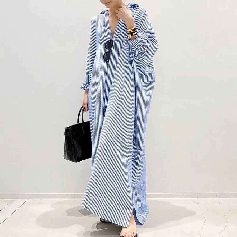 New Design Women's Muslim Clothing Spring Fall Cardigan Lapel Abaya Striped Long Sleeved Shirt Long Robe Moroccan Turkish Dress