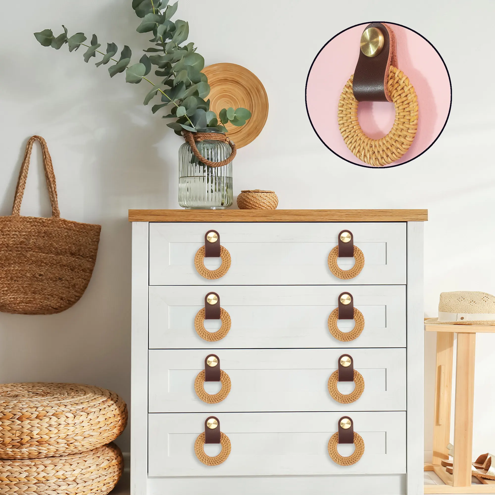 Rattan Dresser Knobs Authentic Leather Drawer Knob Boho EcoFriendly