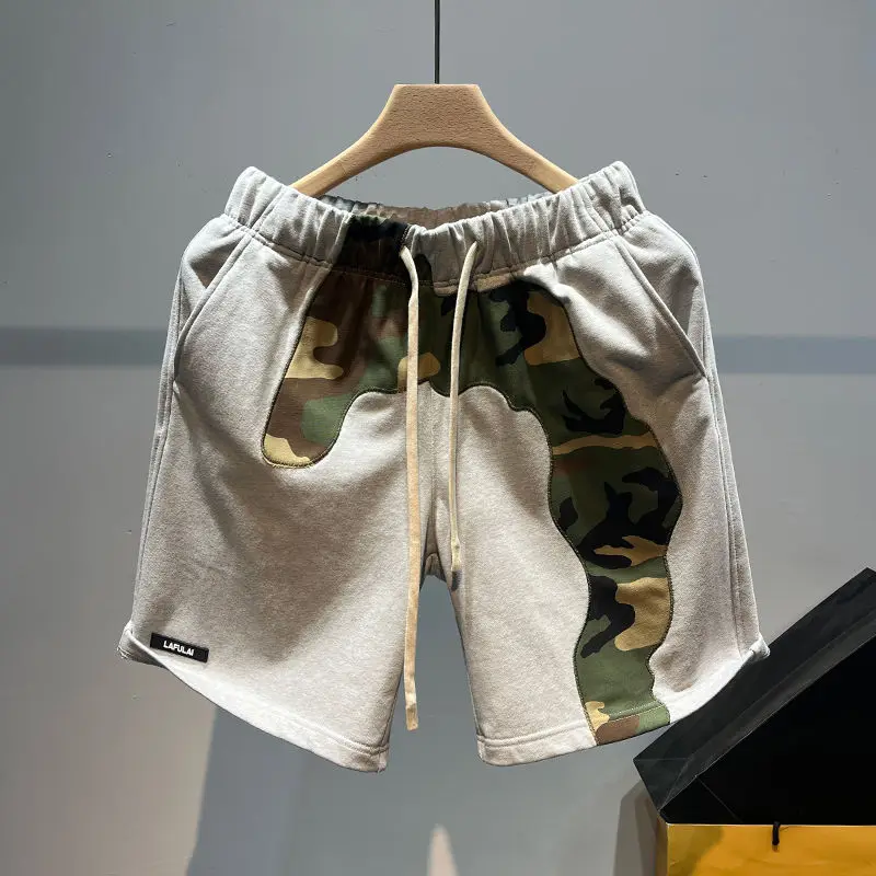 

Камуфляжные шорты в стиле пэчворк, мужские Модные пятиугольные штаны, американские ретро тяжелые повседневные брюки, шорты для мужчин