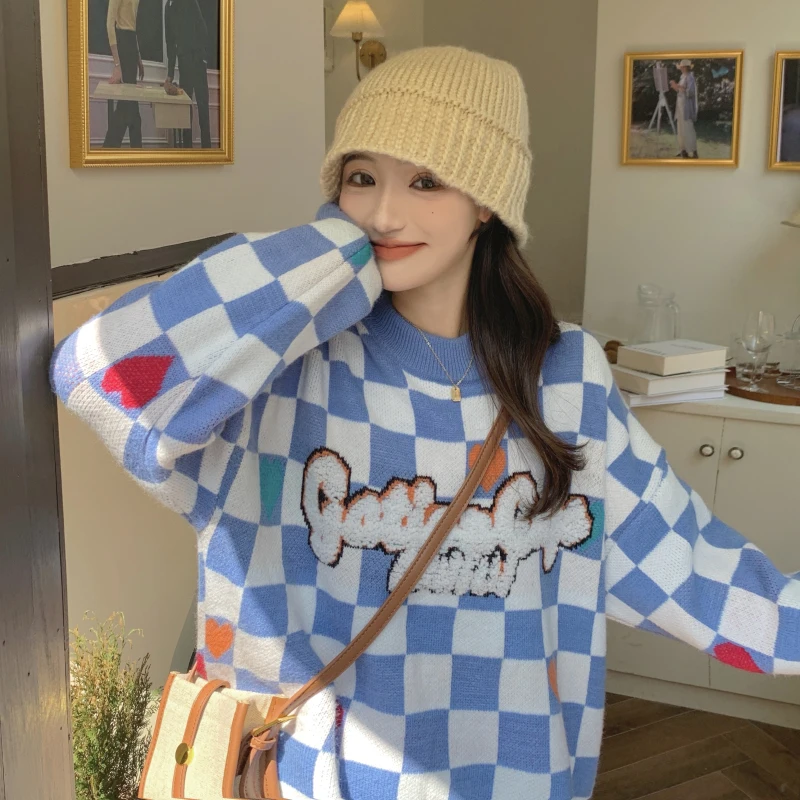 

2022 New Arrival Autumn Winter Korean Style Women Plaid Print O-neck Long Sleeve Casual Pullover Loose Knitted Sweater V730