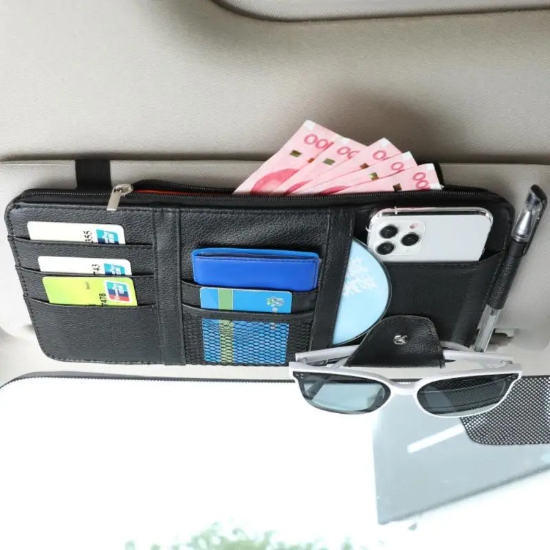 

Multifunctional Business Leather Car Storage Bag Sunshade Cover Card Holder Drivers License Document Storage Sunglasses Clip