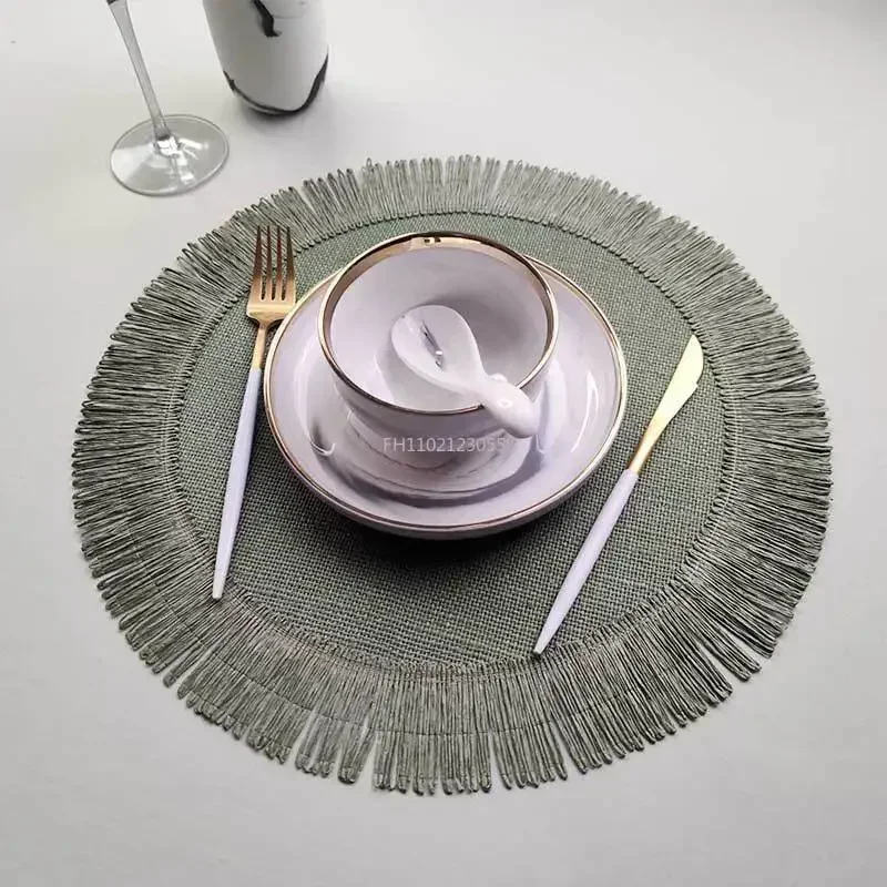Simple Fringe Round Shape Table Mat Heat Insulation Non-slip Coaster Mat Placemat for Dining Table 1Pcs Jute Linen Placemat