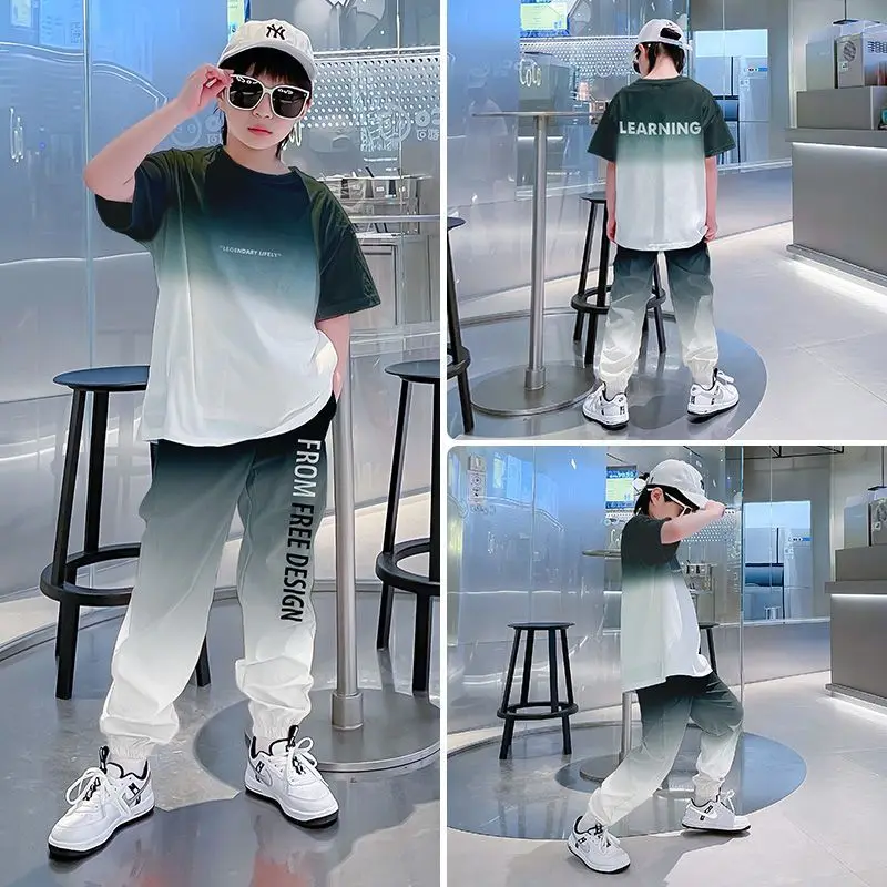 2026 Summer Kids Boys Gradient Color Set Fashion Cool Short Sleeve & Jogger Pants 2 Piece Sport Outfit For Teen Boys
