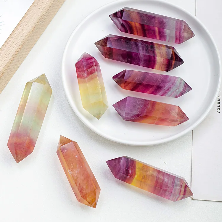 

Wholesale Natural crystal colorful candy fluorite double pointed purple yellow green fluorite dt wand point healing