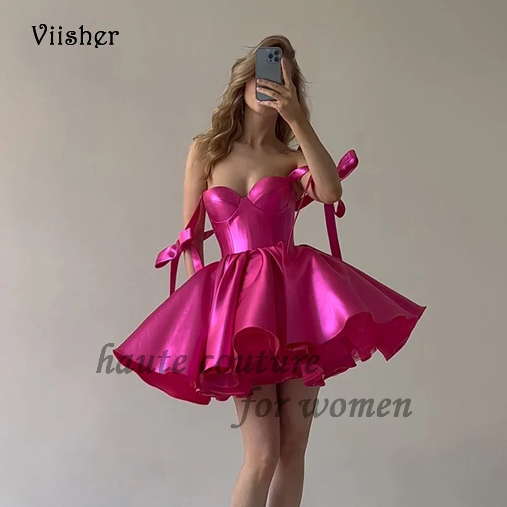 

Viisher Hot Pink Short Homecoming Dresses for Teens Sweetheart Sparkly Satin A Line Party Prom Dress with Bow Pockets