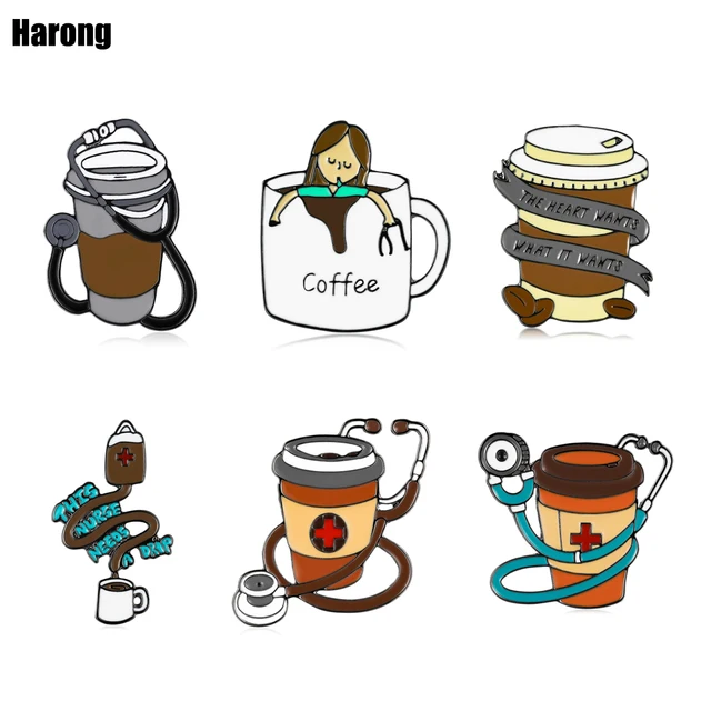 Harong Creative Coffee and Stethoscope Enamel Pin Medical Funny Coffee Cup Nurse Backpack Lapel Brooch for Doctor Nurse Jewelry