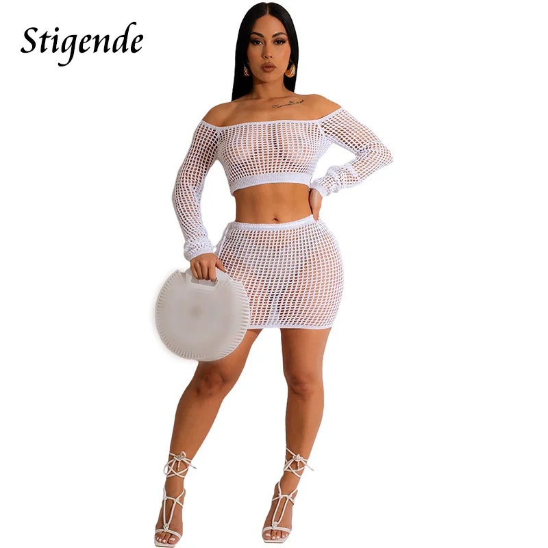 

Пикантный вязаный крючком комплект из двух предметов женская накидка с вырезами вязаный купальник короткий топ с длинным рукавом и мини-юбка пляжные наряды