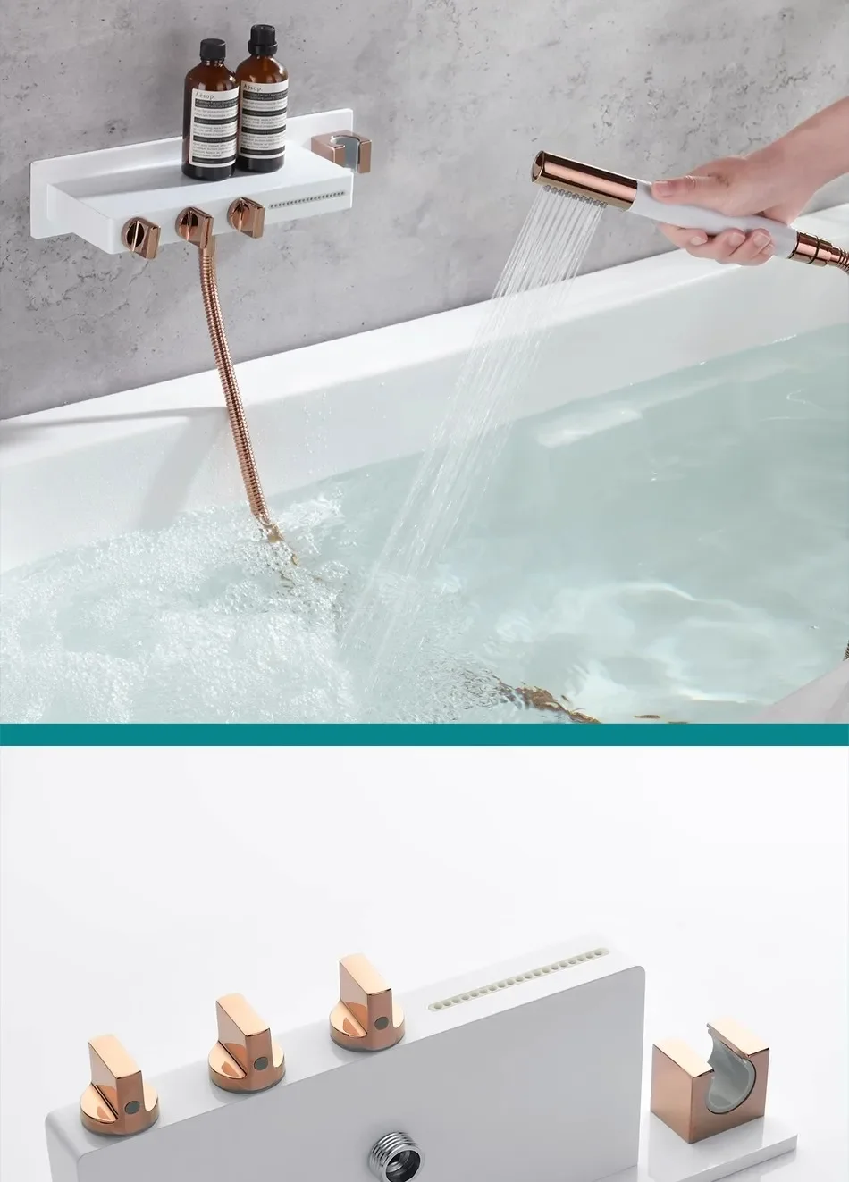 Description Picture 6 of itemBathtub Faucet Set Bathroom Wall Mounted White Rose Gold Solid Brass Big Plate Bathtub Waterfall Shower Set Newly