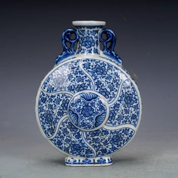 Qing Dynasty Qianlong Porcelain Blue And White Flower Flat Vase Antique Porcelain Antique Jingdezhen Ceramic Ornaments