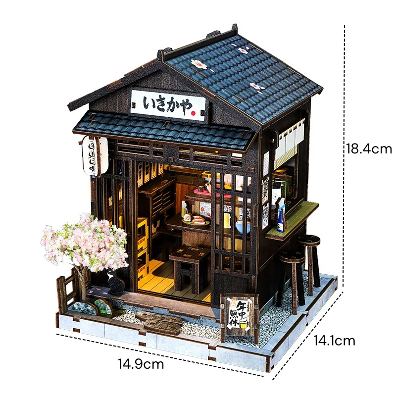 일본 사쿠라 이자카야 DIY 미니어처 하우스 키트, LED 조명이 포함된 3D 목재 조립 마이크로 모델, 데스크탑 홈 장식 휴일 선물