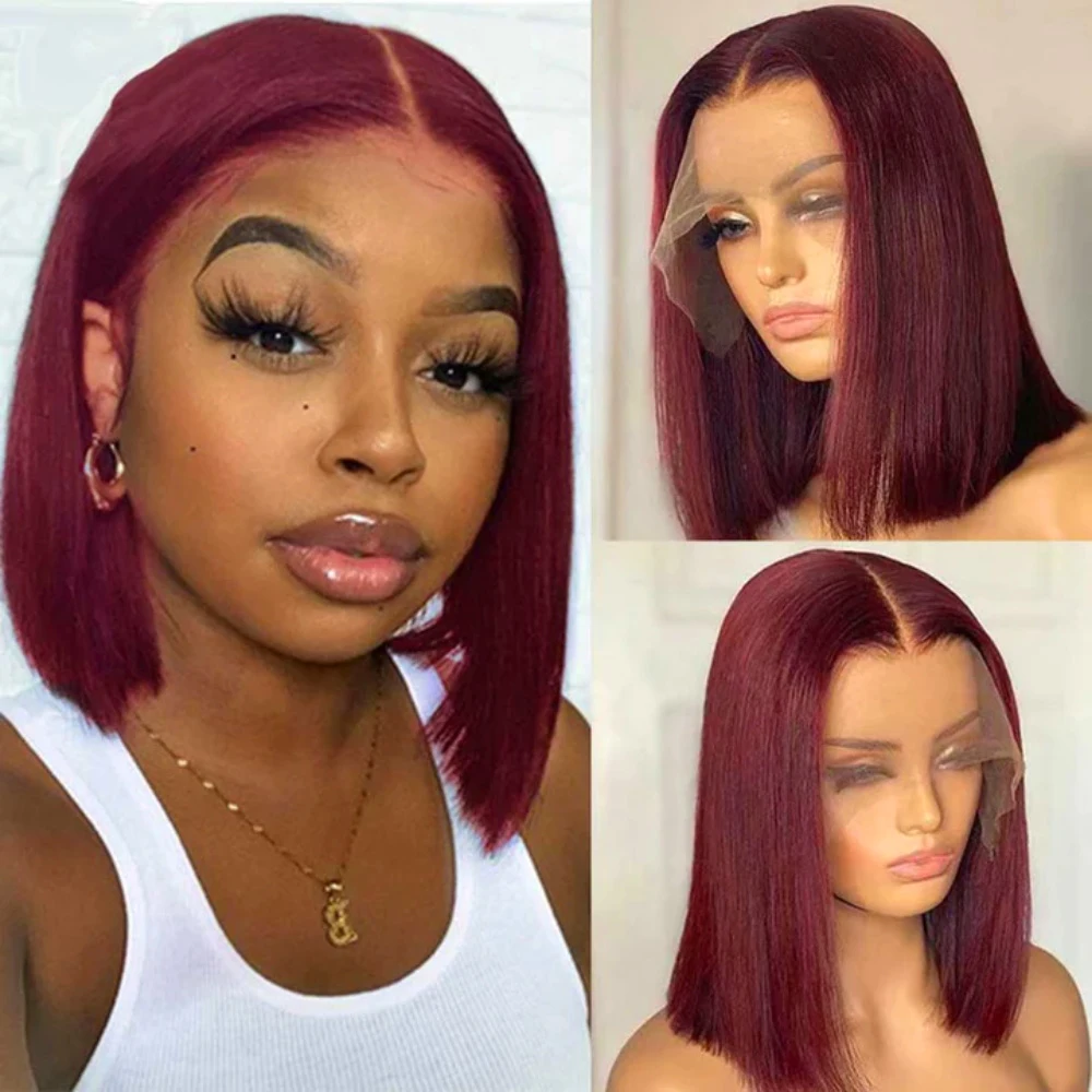 

Burgundy Wig Straight Short Bob Lace Front Wigs For Women Synthetic Lace Wig Natural Hairline Wine Red Lace Wig Daily Wear