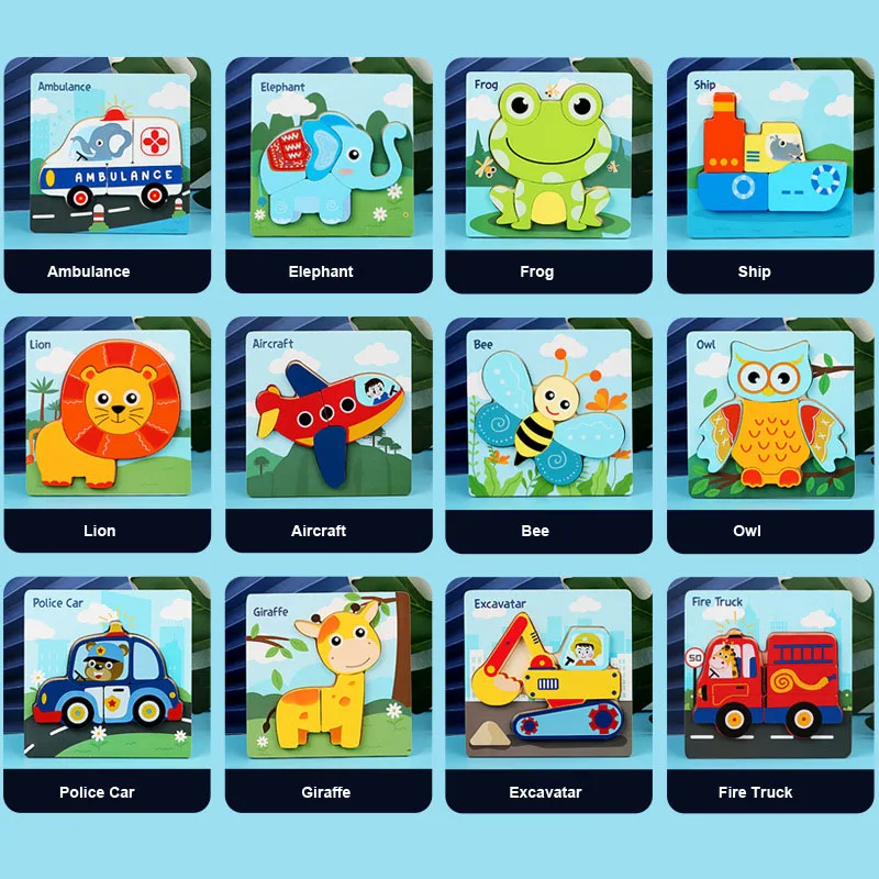 Toddler Puzzles Wooden Jigsaw 5.87 in with 3D Cartoon Animals Frog Elephant Owl Lion Shape Montessori Toys for Infant Kids 6