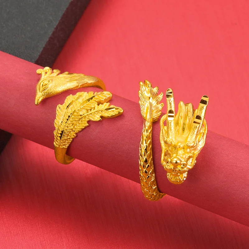 

Elegant 18k Gold Color Phoenix Dragon Lover Couple Rings for Women Men Bride Wedding Engagement Fine Jewelry Gifts