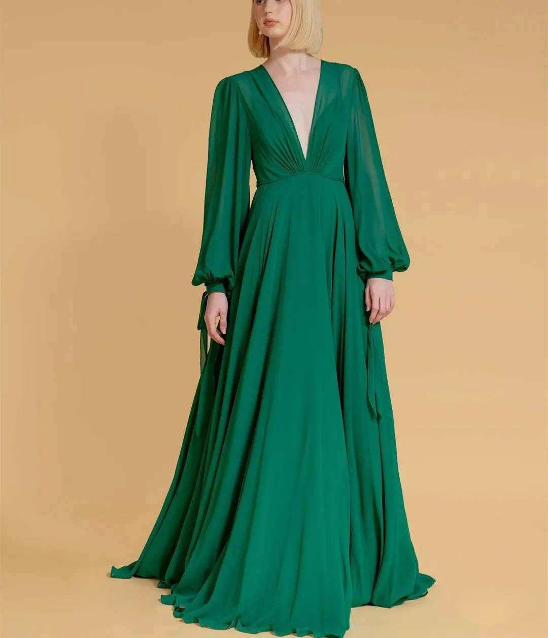 Elegant Evening Dress V-Neck Long Sleeve Floor-Length Dress 2024 Women's Green Chiffon A-Line Ball Dress dusty pink prom dress a line elegant sequins top floor length long sleeves v neck sweep train evening dress graduation robes