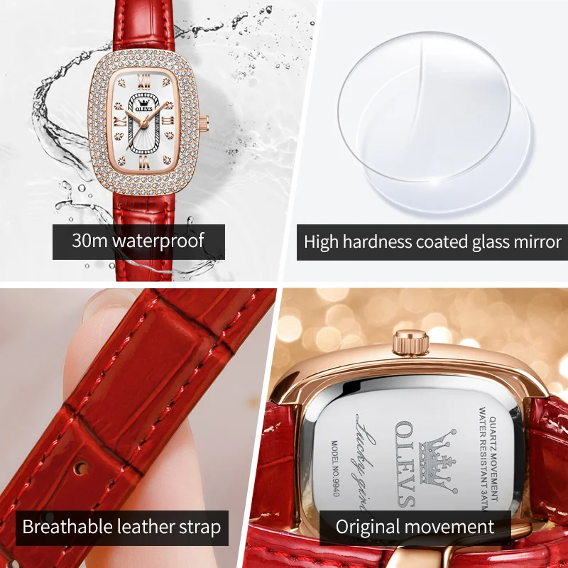 OLEVS Luxury Rhinestone Elegant Fashion Watch Women Quartz Watches Red Leather Band Ladies Wristwatch Gift Reloj Mujer