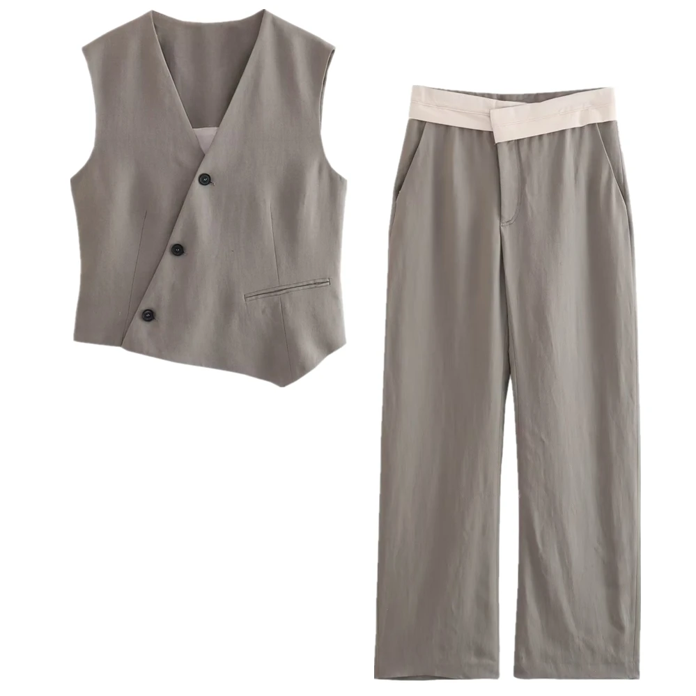 

Withered Fashion Retro Asymmetric Design Single-breasted Vest Jacket Stitching Waist Loose Casual Pants Set Women