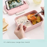 Boîte à déjeuner micro-ondes pour enfants, boîte à Bento Portable pour école et bureau avec vaisselle, cuillères, baguettes, boîte à nourriture en paille de blé 3