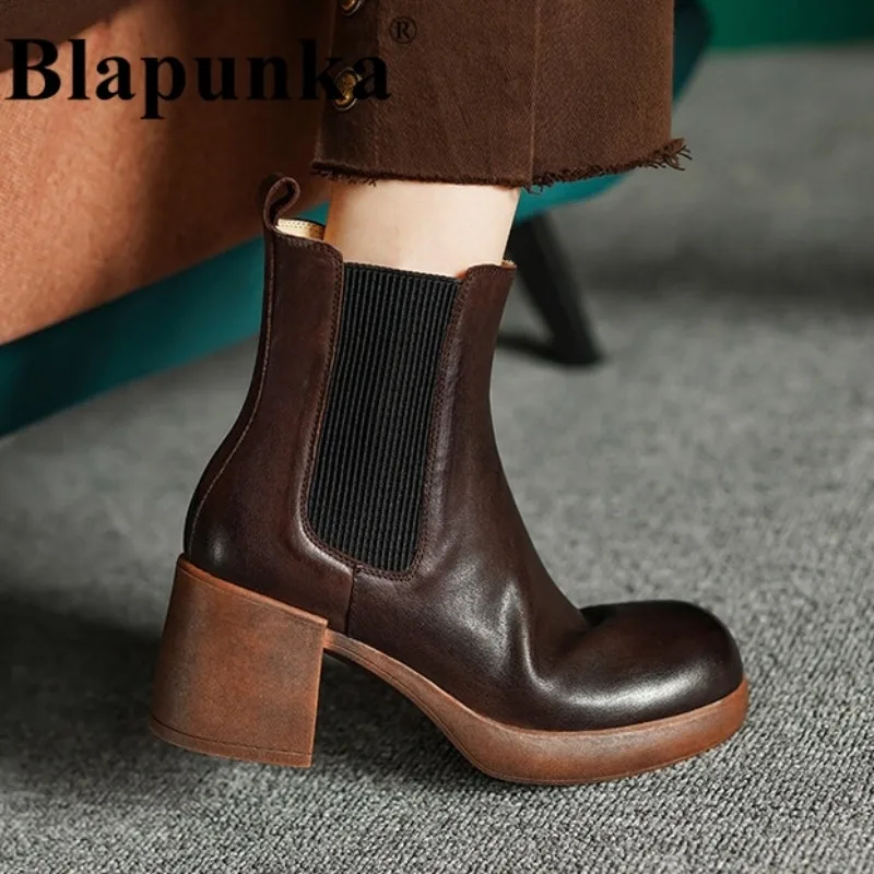 

Blapunka Women Genuine Leather Boots Retro Chunky Block Heels Ankle Goth Chelsea Boots Slip-on Platforms Woman Brown Shoes 34-40