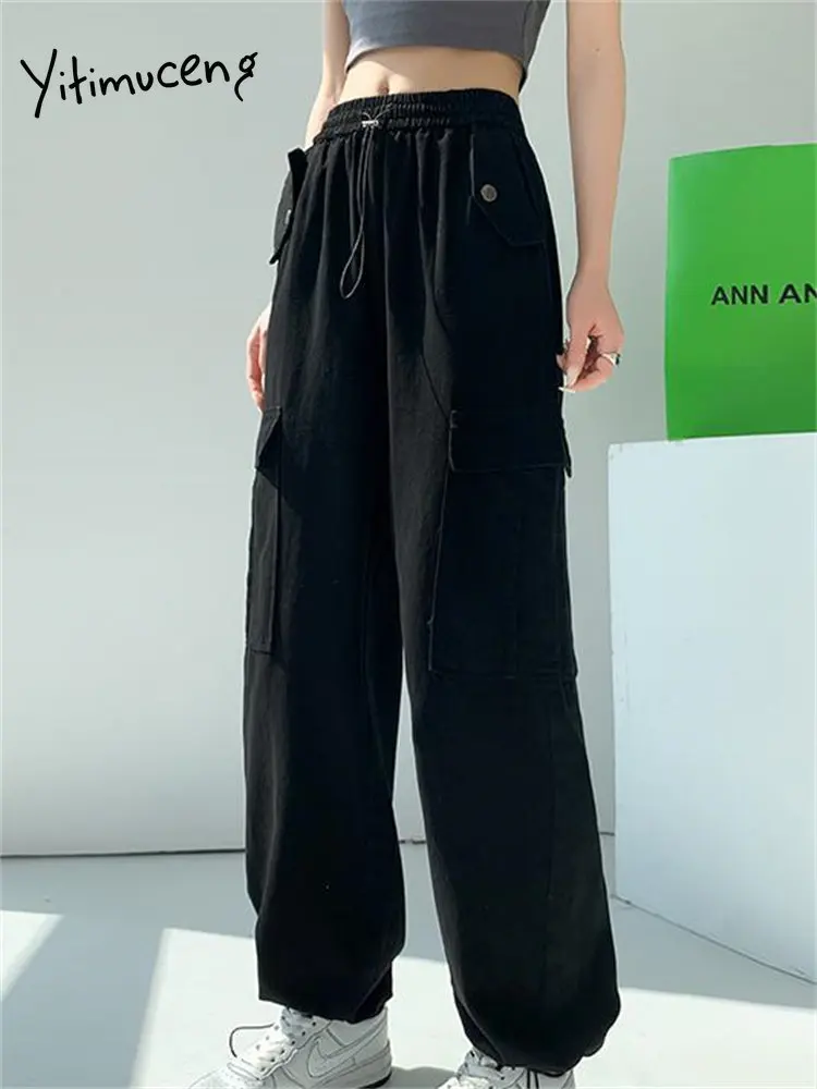 Yitimuceng High Waisted Pants for Women 2023 Autumn New Fashion Solid  Casual Straight Pant Office Lady Loose Chic Wide Leg Pants