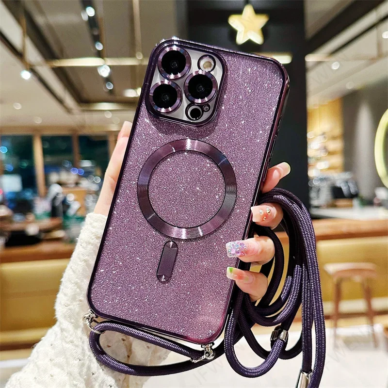Sparkling Crossbody Lanyard Magnetic Phone Case with Electroplated Soft TPU Back Cover