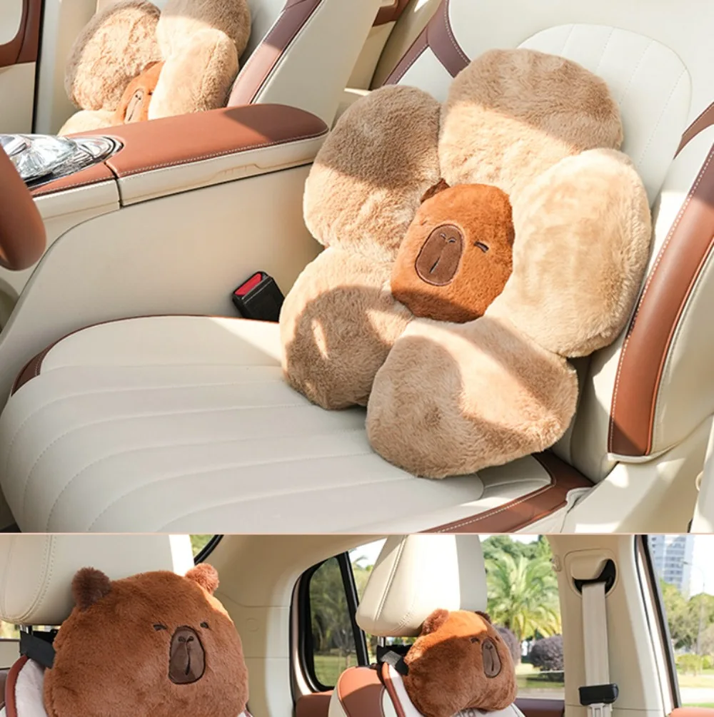 Niedliches Plüsch-Capybara-Autositzkissen, gefüllt, weiche Auto-Kopfstütze, Lordosenstütze, bequemes Taillenkissen, Autodekoration – Detail 7