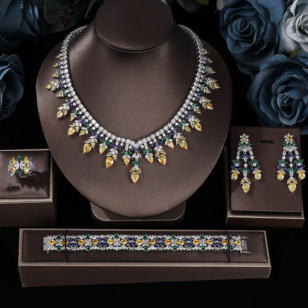 

Sparking Yellow Pink Cubic Zirconia Bridal Drop Necklace Set for Women Luxury 4 PCS Wedding Jewelry Set