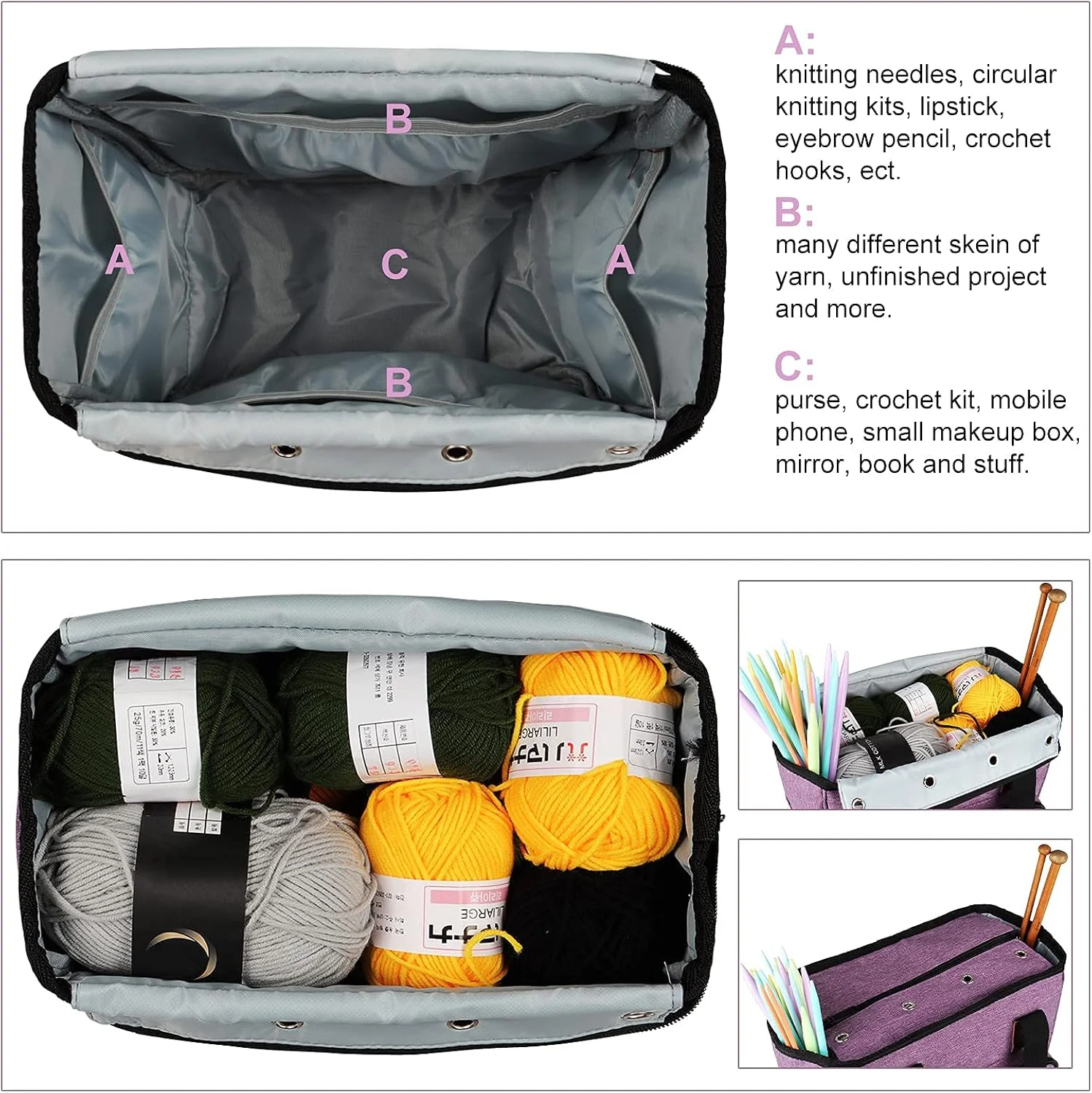 Purple Oxford Knitting Storage Bag &ndash; Portable Yarn Organizer for Needles, Craft & Sewing Supplies
