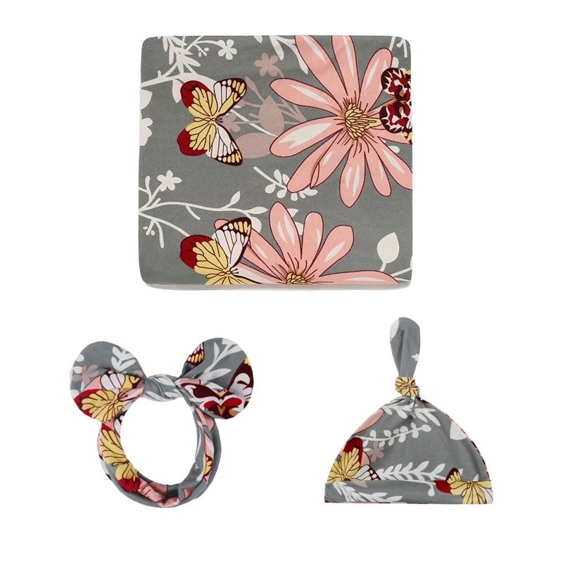 3 Pcs Newborn Swaddling Wrap Headband Hat Set Baby Receiving Blanket