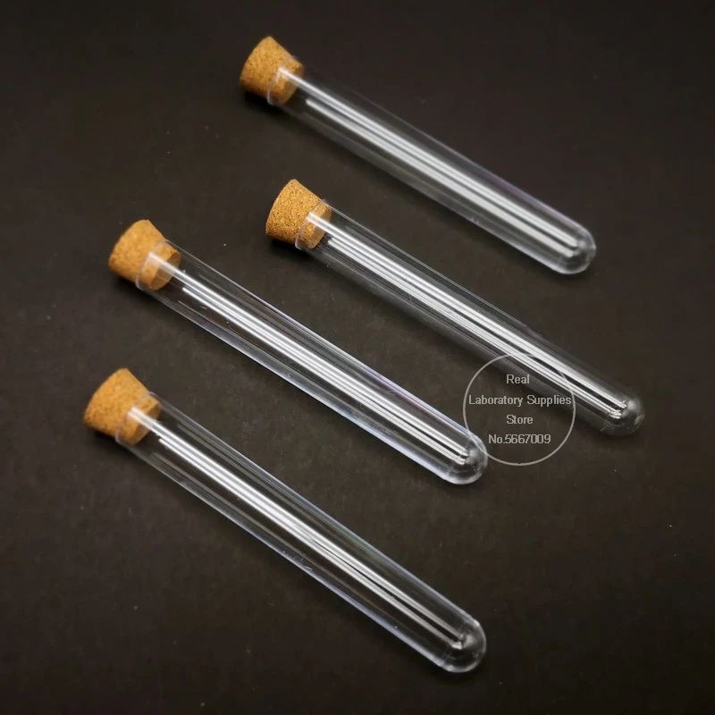 100pcs 15x100mm 실험실 투명 플라스틱 테스트 튜브, 코르크, 결혼식 호의 선물 바이알 실험실 학교 실험