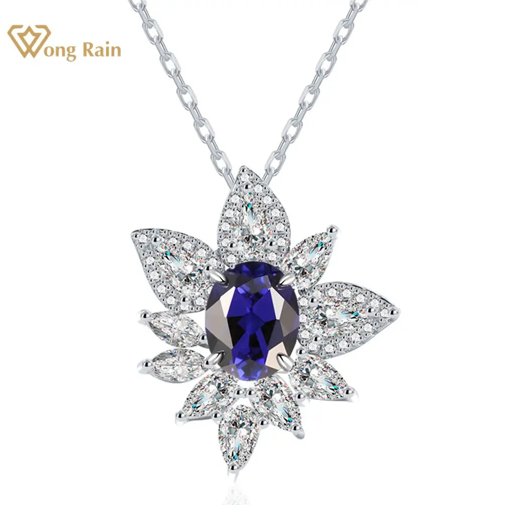

Wong Rain 100% 925 Sterling Silver Oval Cut 7*9MM Sapphire Gemstone Fine Flower Pendant Necklace for Women Jewelry Free Shipping