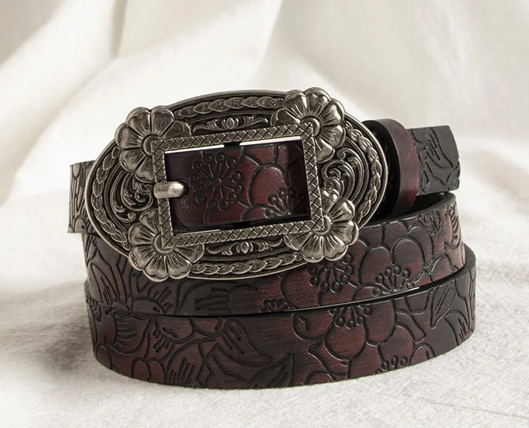 

Western Belts for Women Vintage Buckle Engraved Skull Floral Waistbands Cowboy Ladies Dress Pants Jeans Accessories Waist Belt