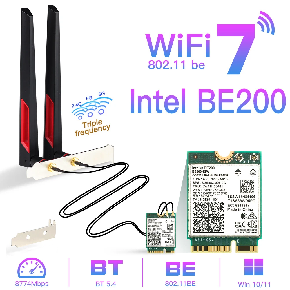 

Intel BE200 WiFi 7 Bluetooth 5.4 WiFi Card BE200NGW Wireless 802.11AX 2.4G/5G/6GHz NGFF Network Adapter for Win10/11 PC Notebook