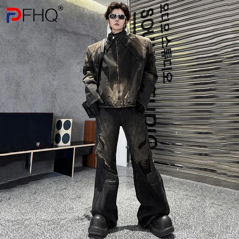 

PFHQ Worn Out Men's Denim Set Retro Gradient Color Zipper Jackets Ripped Patchwork Male Straight Avant-garde Jeans Spring 9C4231