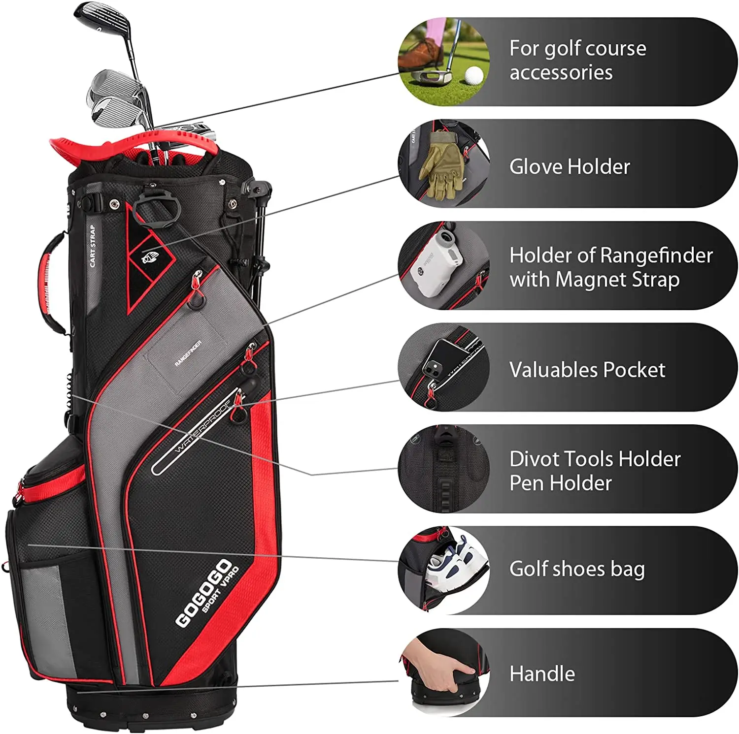  Gogogo Sport Vpro Golf Cart Bag, 14-Way Top Full-Length  Divider Golf Club Bag with Cooler, Rainhood, 11 Pockets : Sports & Outdoors