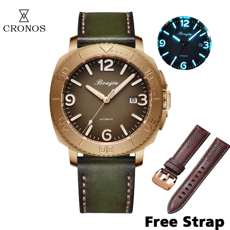 Cronos Boaijia Bronze Men Watch CuSn8 Solid Bronze Automatic 9015 Genuine Leather Strap BGW9 Lum