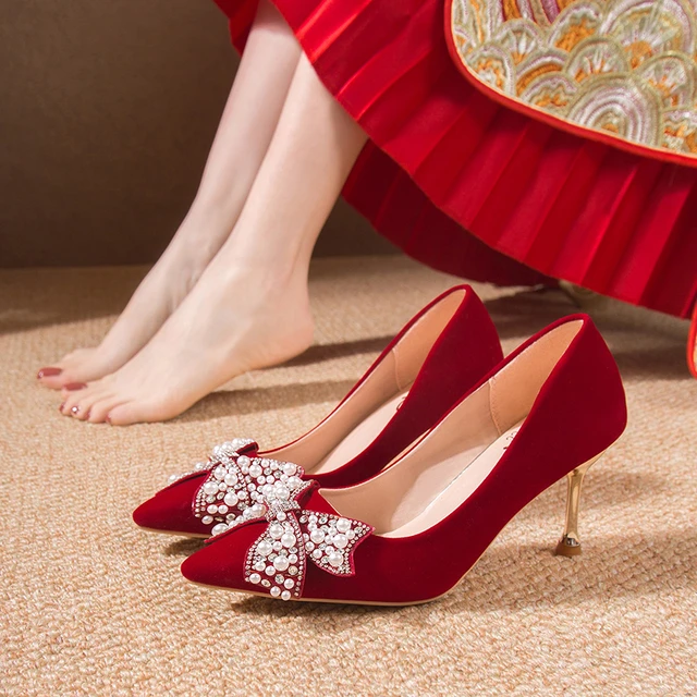 Rimocy Sexy Red Velvet Wedding Shoes for Women 2022 Luxury Pearl