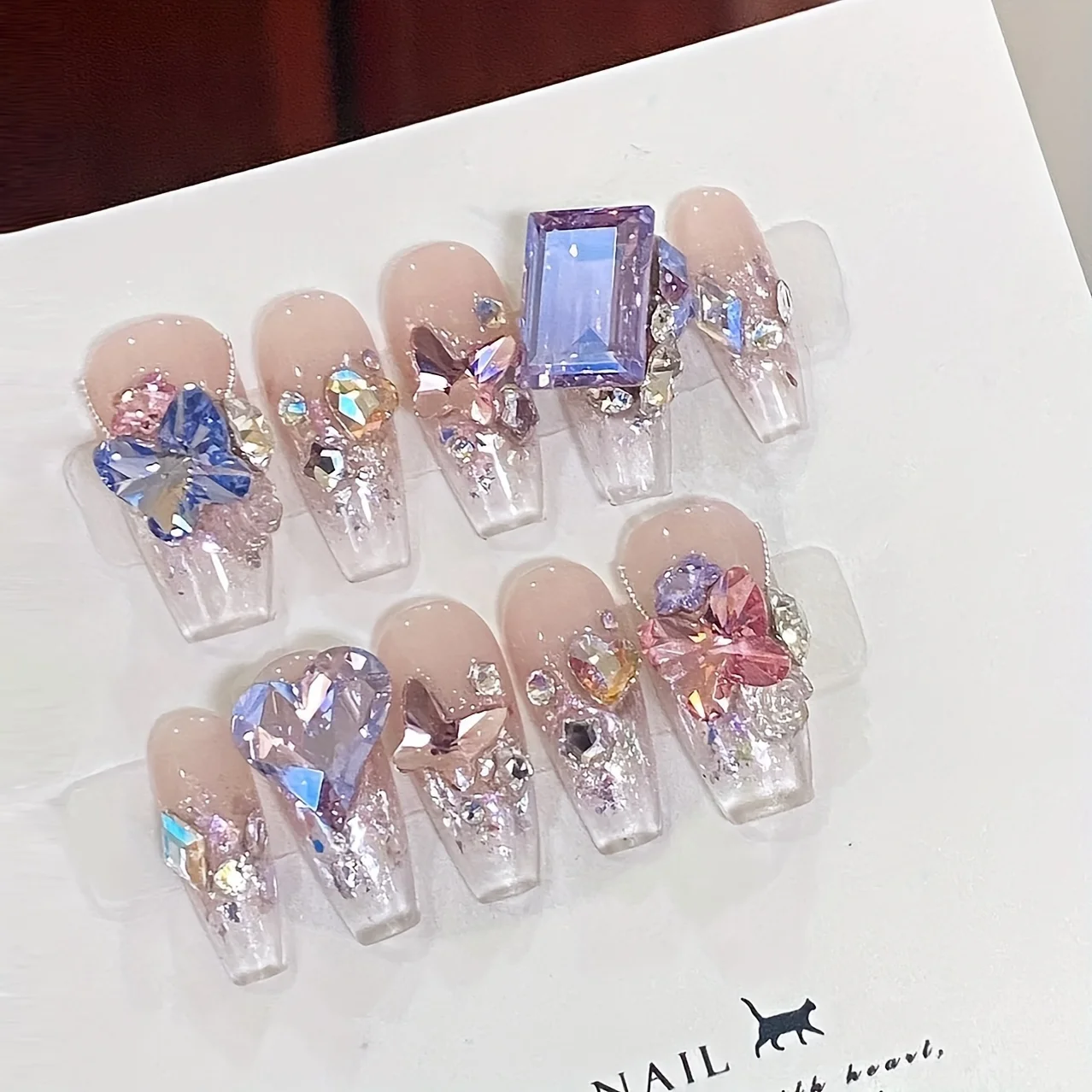 10-Piece Set, Handmade Press-On Nails With Fantasy And Sparkling Rhinestones Design, 3D Glitter Love Accents, Contrast Color,