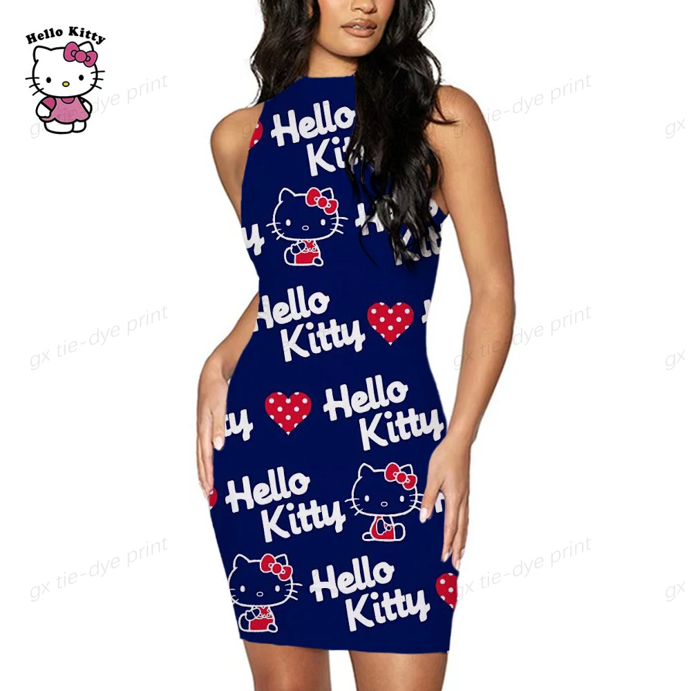 

Women Dress Summer Fashion O-Neck Wrapped Hip Hello Kitty Print Women's Dress Printed Tight Sleeveless Night Club Dress Short
