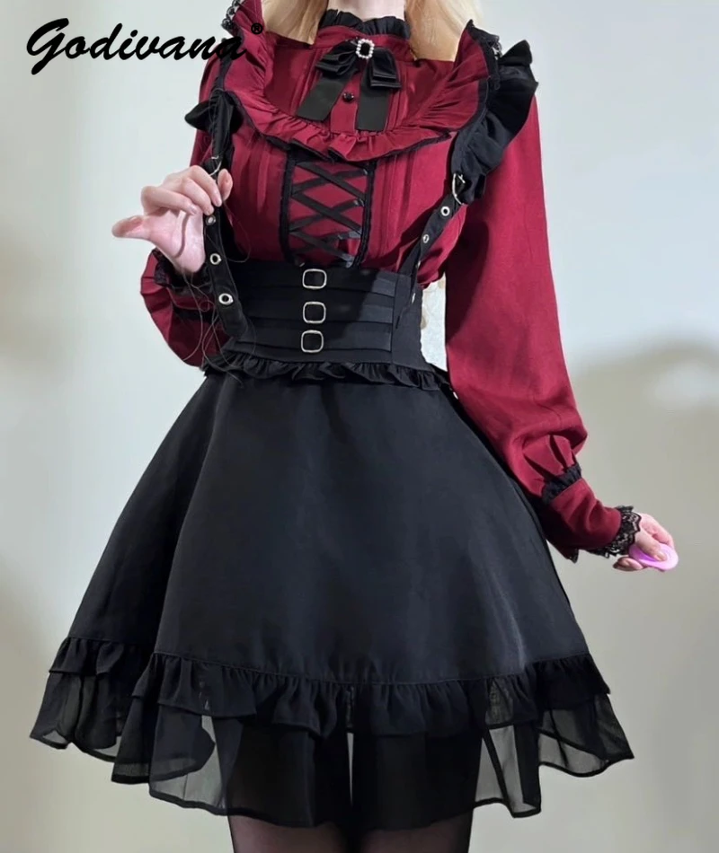 Mine Style Suspender Skirt Women Elegant High Waisted Black Lace Strap Skirts Japanese Sweet Lolita Spring Summer A Line Skirt black red or white lolita petticoats girl woman short underskirt crinoline petit coat peticoat pettycoat