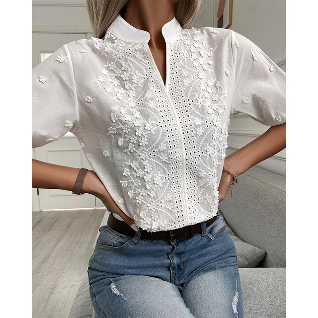 Chic Solid Hollow-out V Neck Lace Blouse Floral Patterns Embroidery Decoration Casual Women Shirt Puff Sleeved Half Cotton Tops 3
