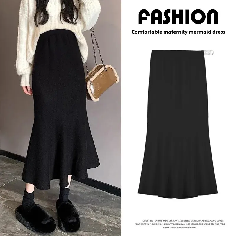 Maternity Mid-Length Black Slimming A- Line Knitted Skirt Fish-Tail One-Step Skirt Autumn Winter plus Size Women's Dress